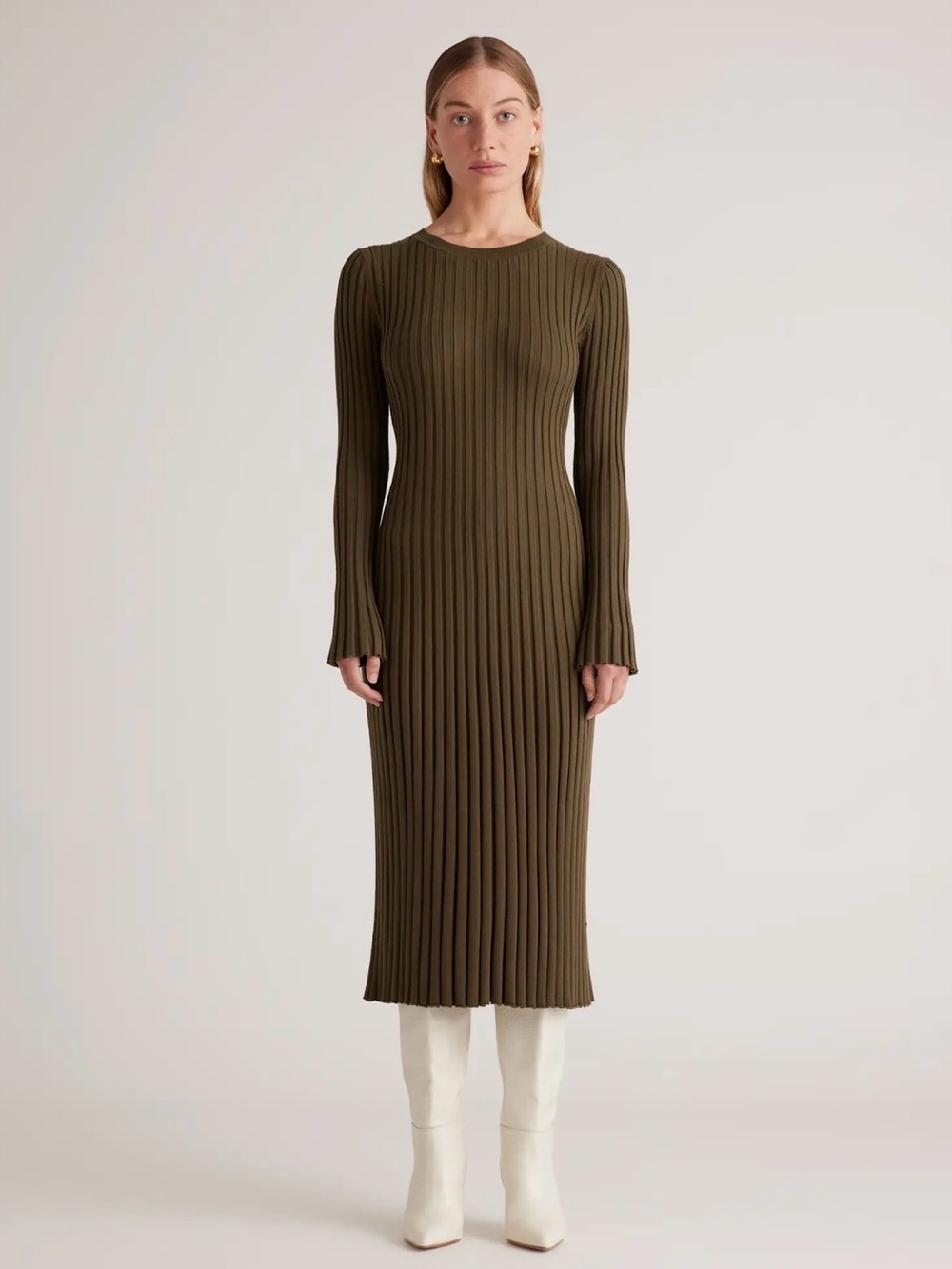 Quince Olive Ribbed cotton cashmere Long-Sleeve Midi Dress -NWT